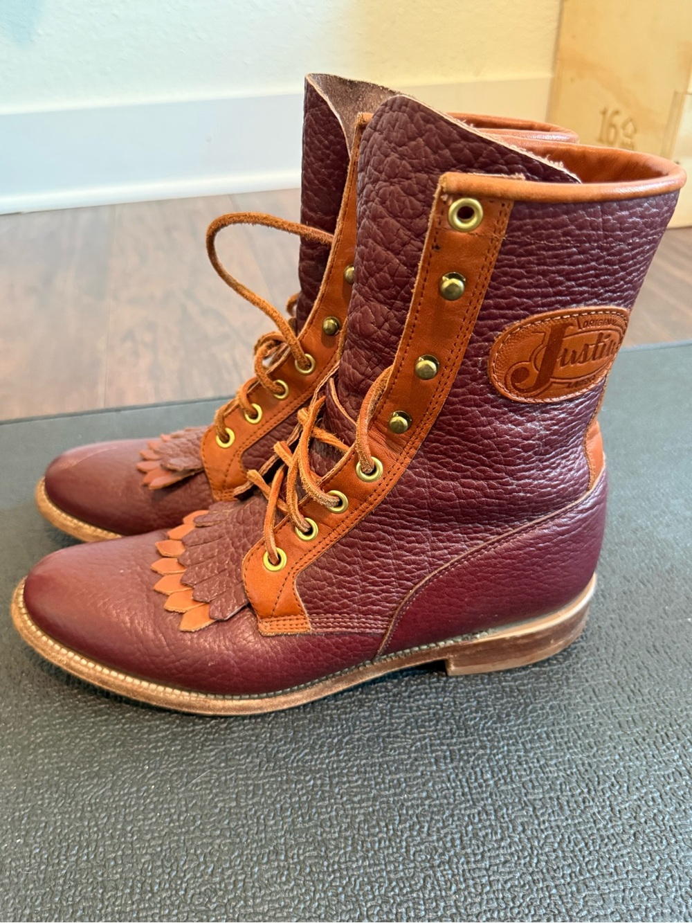 Justin Boots Burgundy and Tan Leather Lace-Up Ankle Booties